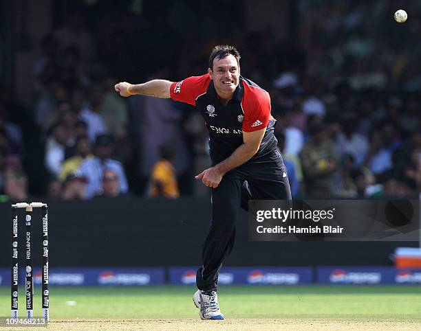 Michael Yardy of England in action during the 2011 ICC World Cup Group B match between India and England at M. Chinnaswamy Stadium on February 27,...