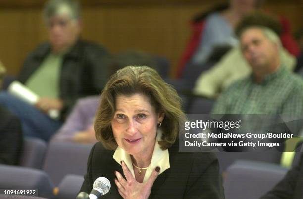 Dr. Elizabeth "Betsy" Hoffman, President of the University of Colorado, responds to questions during the Independent Investigative Commission...
