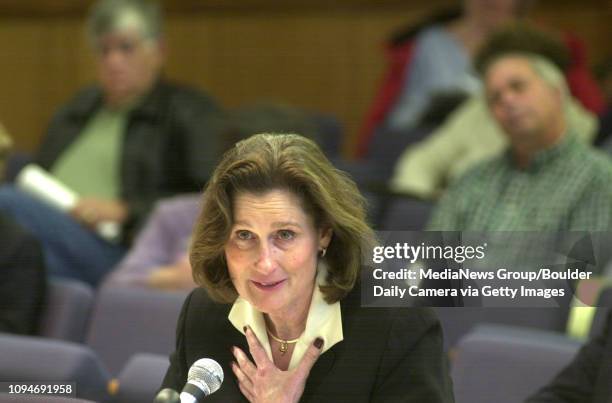 Dr. Elizabeth "Betsy" Hoffman, President of the University of Colorado, responds to questions during the Independent Investigative Commission...