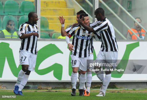 Antonio Di Natale of Udinese celebrates with his team-mates after scoring the opening goal during the Serie A match between US Citta di Palermo and...