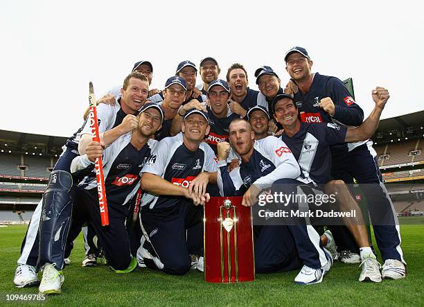 The Victorian Bushrangers celebrate winning the National One Day final match between the Victorian Bushrangers and the Tasmanian Tigers at Melbourne...