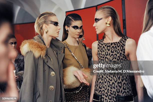 Models prepare backstage prior the Philipp Plein fashion show as part of Milan Fashion Week Womenswear Autumn/Winter 2011 on February 26, 2011 in...