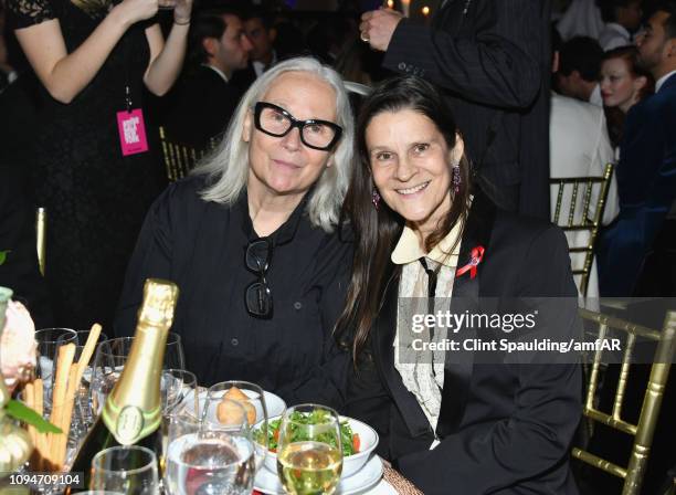 Brigitte Lacombe and Aileen Getty speaks onstage during the amfAR New York Gala 2019 at Cipriani Wall Street on February 6, 2019 in New York City.