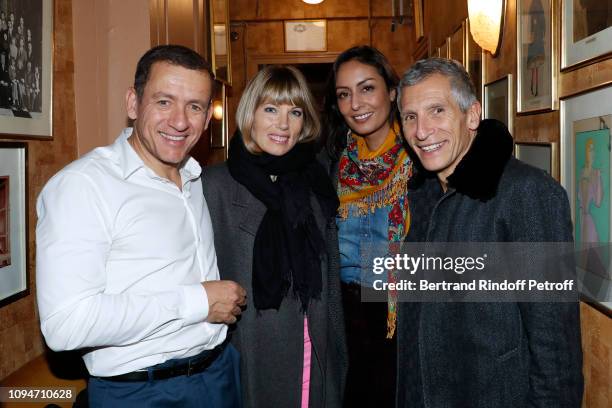 Actor of the piece Dany Boon , TV Presenter Nagui , his wife actress Melanie Page and a guest pose after the "Huit Euros de l'heure" Theater Play at...