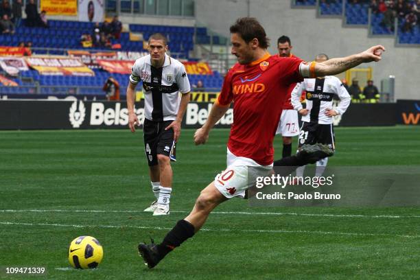 Francesco Totti of AS Roma scores the opening goal with a penalty during the Serie A match between AS Roma and Parma FC at Stadio Olimpico on...