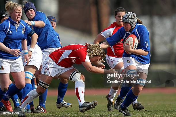 Silvia Gaudino runs with the bal during the Women's Six Nations match between Italy and Wales at Centro Sportivo Marina Militare on February 27, 2011...