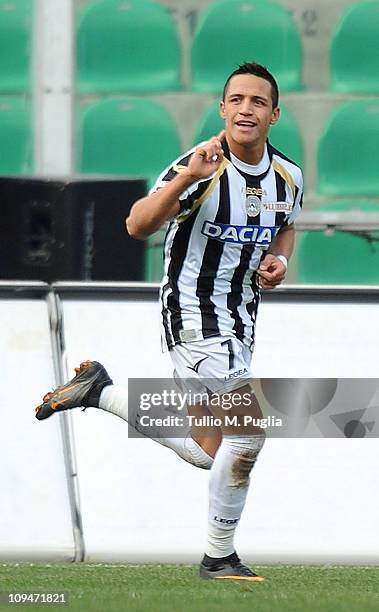 Alexis Sanchez of Udinese celebrates his second goal during the Serie A match between US Citta di Palermo and Udinese Calcio at Stadio Renzo Barbera...