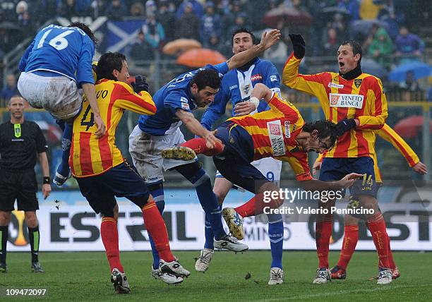 Gustavo Franchin Schiavolin of Lecce clashes with Victor Hugo Mareco of Brescia Calcio during the Serie A match between Brescia Calcio and Lecce at...
