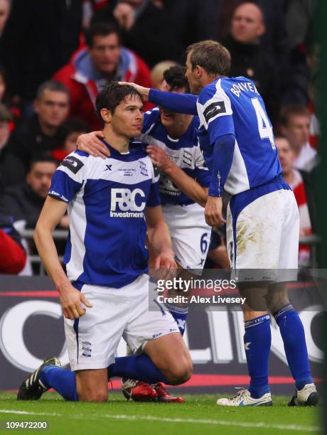 Nikola Zigic of Birmingham City celebrates scoring the opening goal with Lee Bowyer during the Carling Cup Final between Arsenal and Birmingham City...