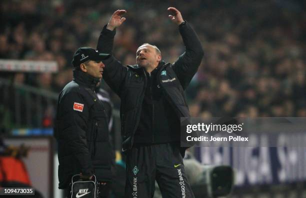 Head coach Thomas Schaaf of Bremen gestures during the Bundesliga match between Werder Bremen and Bayer Leverkusen at Weser Stadium on February 27,...