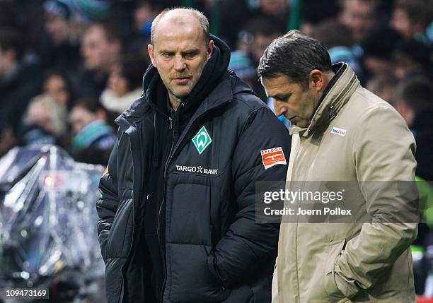 Head coach Thomas Schaaf and manager Klaus Allofs of Bremen are seen prior to the Bundesliga match between Werder Bremen and Bayer Leverkusen at...