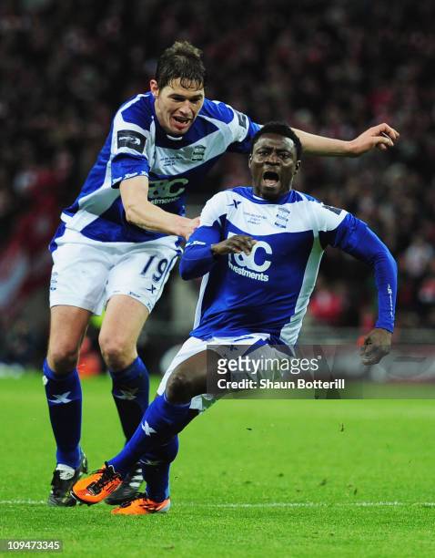 Obafemi Martins of Birmingham City celebrates the winning goal with Nikola Zigic during the Carling Cup Final between Arsenal and Birmingham City at...
