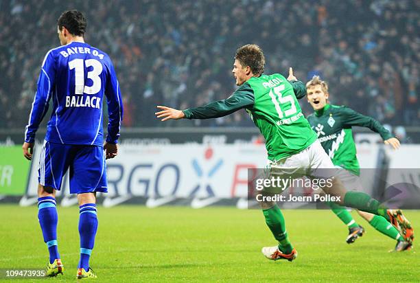 Sebastian Proedl of Bremen celebrates after scoring his team's second goal during the Bundesliga match between Werder Bremen and Bayer Leverkusen at...