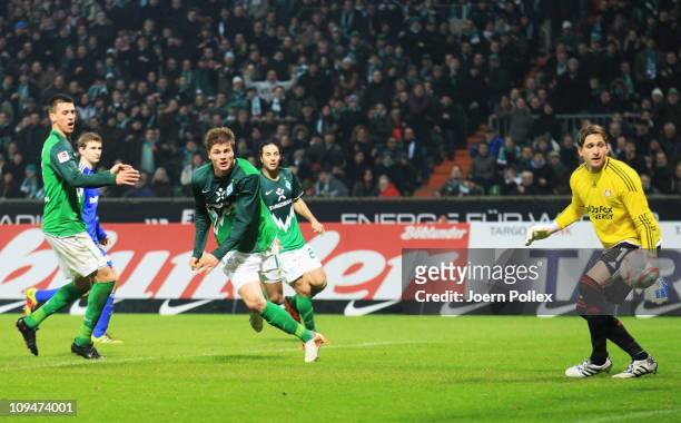 Sebastian Proedl of Bremen scores his team's second goal during the Bundesliga match between Werder Bremen and Bayer Leverkusen at Weser Stadium on...