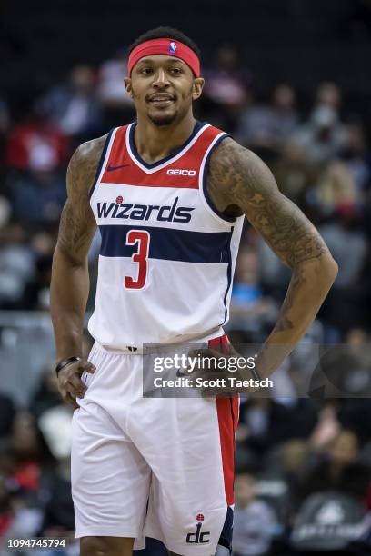 Bradley Beal of the Washington Wizards looks on against the Atlanta Hawks during the first half at Capital One Arena on February 4, 2019 in...