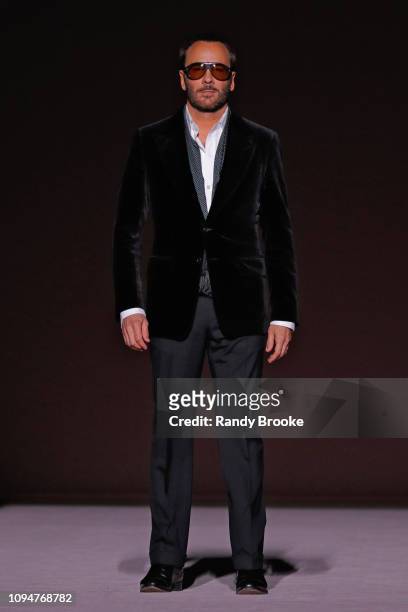 Tom Ford greets the audience after his Tom Ford Runway show February 2019 during New York Fashion Week at Park Avenue Armory on February 6, 2019 in...
