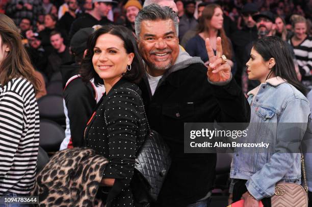 George Lopez and Lana Parrilla attend a basketball game between the Los Angeles Lakers and the Chicago Bulls at Staples Center on January 15, 2019 in...