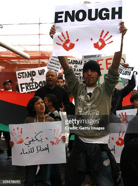 People protest against Libyan President Muammar Gaddafi in Velletta February 27, 2011 on Malta Island in the Mediterranean Sea. The UN who is...