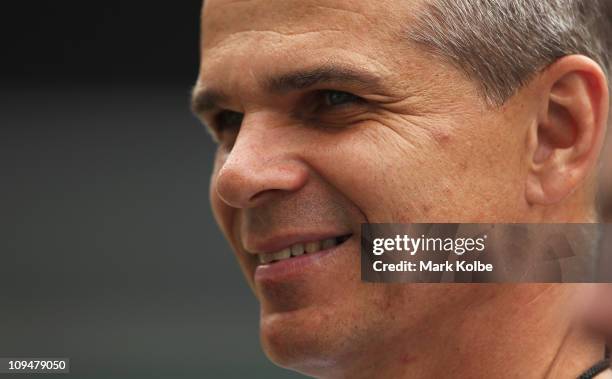 Sydney FC coach Vitezslav Lavicka speaks to the media during a Sydney FC AFC Asian Champions League training session at Sydney Football Stadium on...