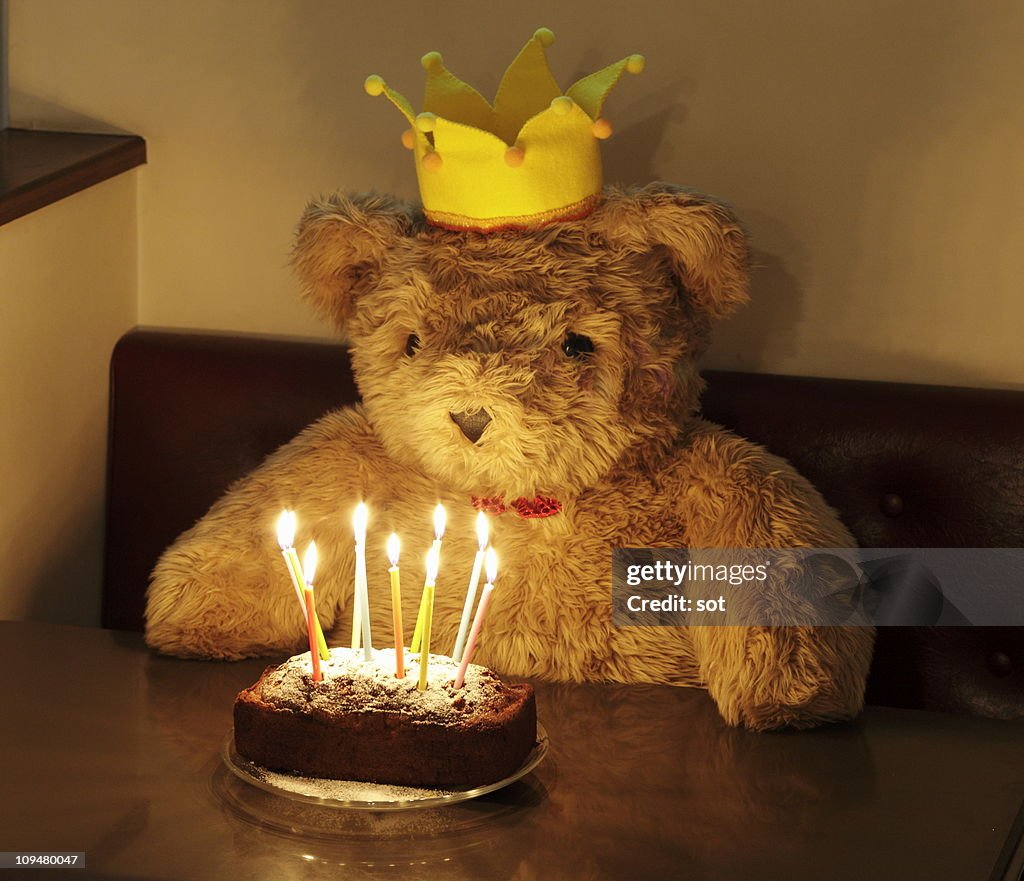 Big teddy bear with a birthday cake