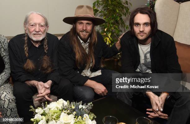 Willie Nelson, Lukas Nelson, and Micah Nelson attend the Producers & Engineers Wing 12th annual GRAMMY week event honoring Willie Nelson at Village...