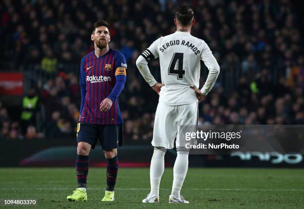Leo Messi and Sergio Ramos during the match between FC Barcelona and Real Madrid corresponding to the first leg of the 1/2 final of the spanish cup,...