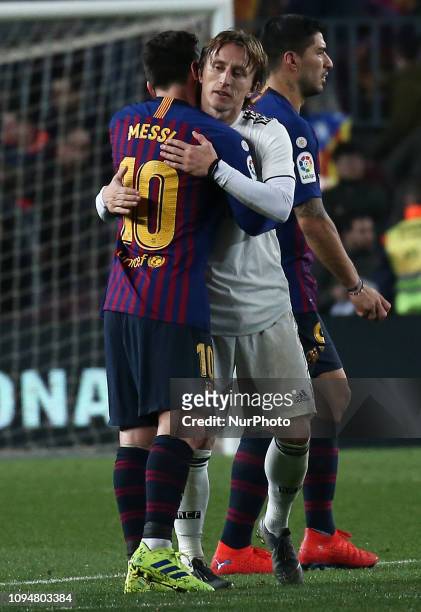 Leo Messi and Luka Modric during the match between FC Barcelona and Real Madrid corresponding to the first leg of the 1/2 final of the spanish cup,...