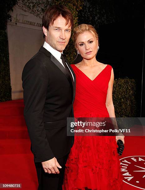 Actors Stephen Moyer and Anna Paquin attend the 2011 Vanity Fair Oscar Party Hosted by Graydon Carter at the Sunset Tower Hotel on February 27, 2011...