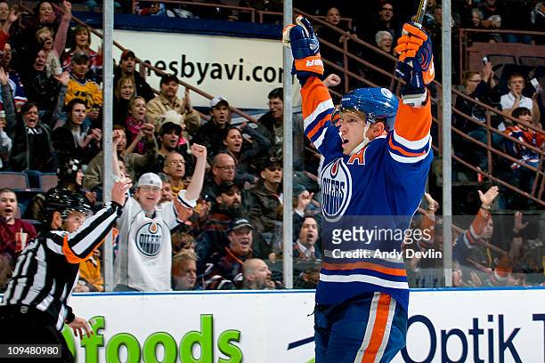 Ales Hemsky of the Edmonton Oilers celebrates a first period goal against the Boston Bruins at Rexall Place on February 27, 2011 in Edmonton,...