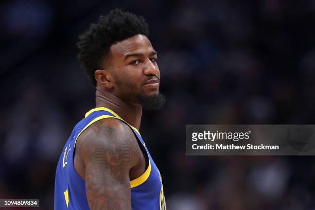 Jordan Bell of the Golden State Warriors plays the Denver Nuggets at the Pepsi Center on January 15, 2019 in Denver, Colorado. NOTE TO USER: User...