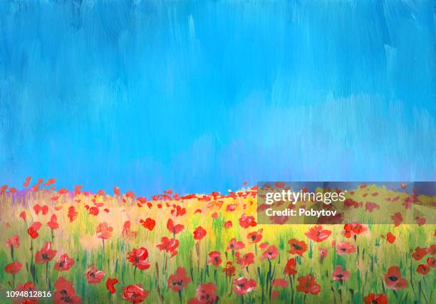 flowering field of poppies, impressionism painting - poppy field stock illustrations