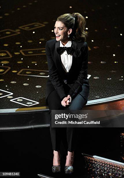 Presenter Anne Hathaway sings onstage during the 83rd Annual Academy Awards held at the Kodak Theatre on February 27, 2011 in Hollywood, California.