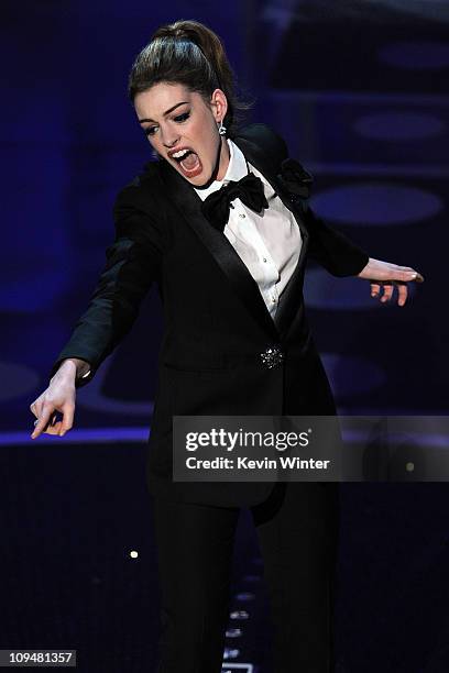 Host Anne Hathaway performs onstage during the 83rd Annual Academy Awards held at the Kodak Theatre on February 27, 2011 in Hollywood, California.