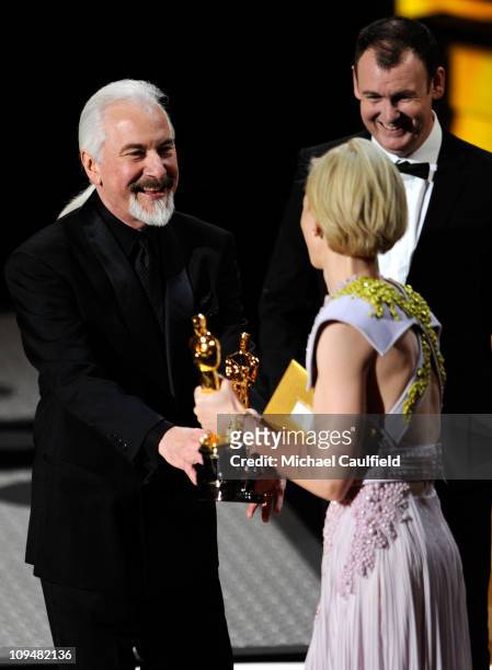 Rick Baker and Dave Elsey receive award onstage from Cate Blanchett during the 83rd Annual Academy Awards held at the Kodak Theatre on February 27,...
