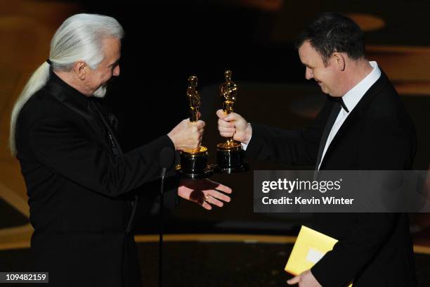 Make-up artists Rick Baker and Dave Elsey accept the award for Best Achievement in Makeup for 'The Wolfman' onstage during the 83rd Annual Academy...