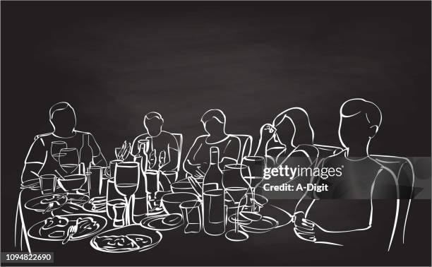 ilustraciones, imágenes clip art, dibujos animados e iconos de stock de cena familiar reunión pizarra firmar - familia comiendo