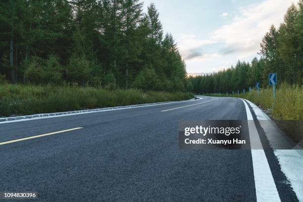 road lined by green trees - roadside photos et images de collection