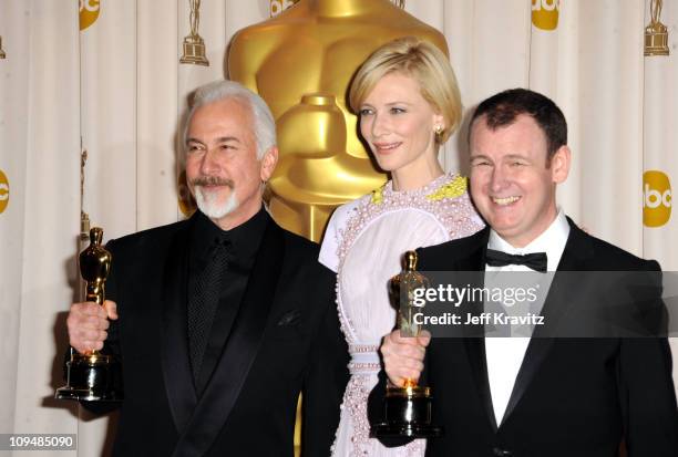 Make-up artists Rick Baker , Dave Elsey and presenter Cate Blanchett pose in the press room during the 83rd Annual Academy Awards held at the Kodak...