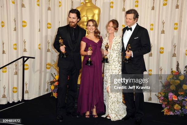 Winners Christian Bale, Natalie Portman, Melissa Leo, and Colin Firth pose in the press room during the 83rd Annual Academy Awards held at the Kodak...