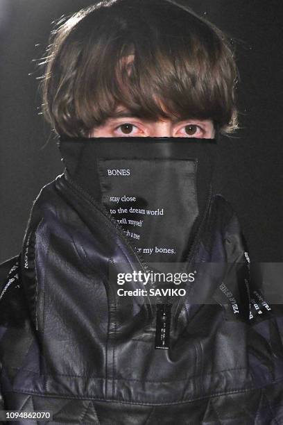 Model walks the runway during the Takahiro Miyashita The Soloist Menswear Fall/Winter 2019-2020 fashion show as part of Paris Fashion Week on January...