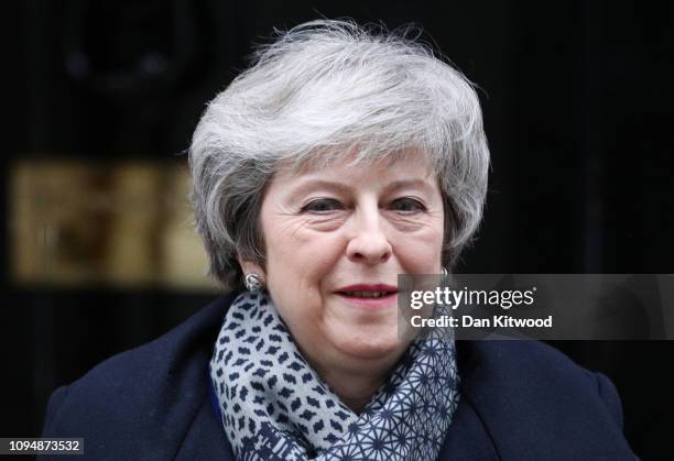 Prime Minister Theresa May leaves Downing Street ahead of a vote of no confidence in government on January 16, 2019 in London, England. The...