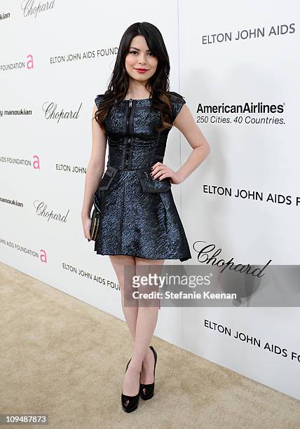 Actress Miranda Cosgrove attends the 19th Annual Elton John AIDS Foundation Academy Awards Viewing Party at the Pacific Design Center on February 27,...