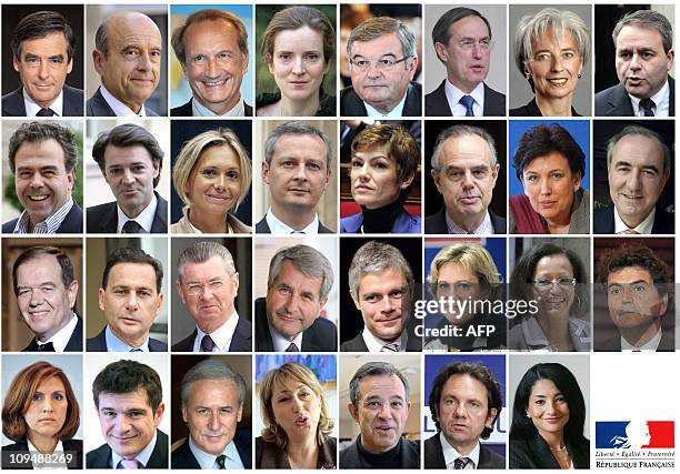 Combo of members of the French government after the cabinet reshuffle on February 27, 2011. - Prime minister Francois Fillon, Foreign Affairs...