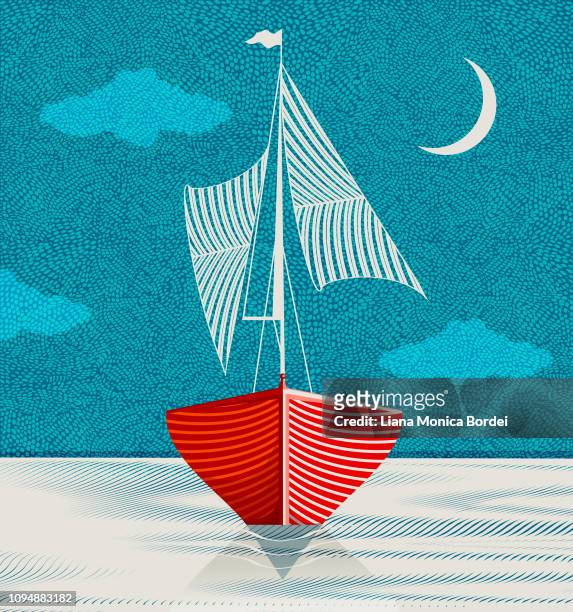 bildbanksillustrationer, clip art samt tecknat material och ikoner med segelbåt mitt i natten - båtar och fartyg
