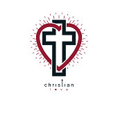 Love of God vector creative symbol design combined with Christian Cross and heart, vector sign.
