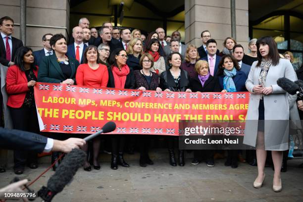 Group of Labour MPs look on as MP for Houghton and Sunderland South Bridget Phillipson speaks at a photocall in a bid to push Labour Party leader...