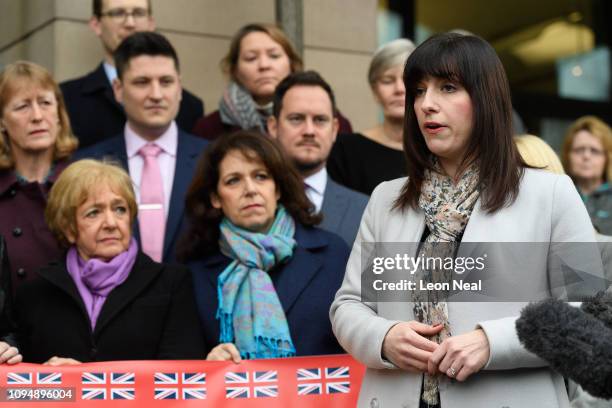 Group of Labour MPs look on as MP for Houghton and Sunderland South Bridget Phillipson speaks at a photocall in a bid to push Labour Party leader...