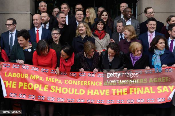 Group of Labour MPs attend a photocall in a bid to push Labour Party leader Jeremy Corbyn to fight for a further referendum over the issue of Brexit,...