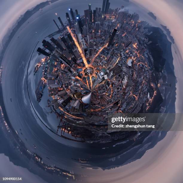 360 degree aerial view of morning dalian city - 360 globe stockfoto's en -beelden
