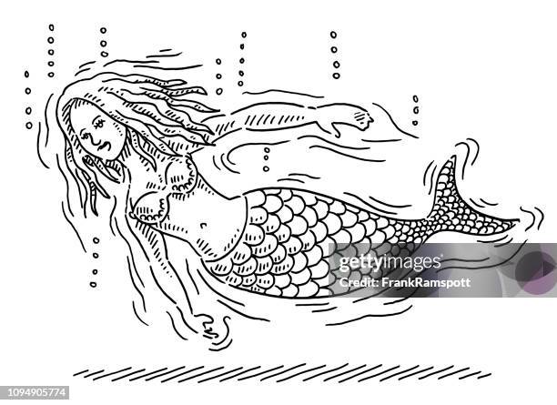 bildbanksillustrationer, clip art samt tecknat material och ikoner med cartoon mermaid undervattens ritning - diving flipper